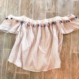 Striped Off The Shoulder Tassel Top